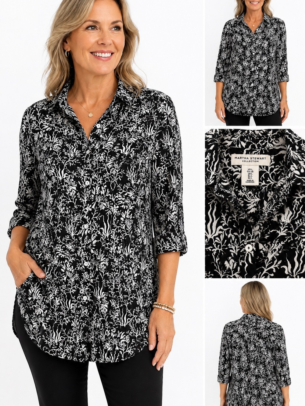 Martha Stewart Collection Black & White Botanical Button-Up Tunic Shirt Size L